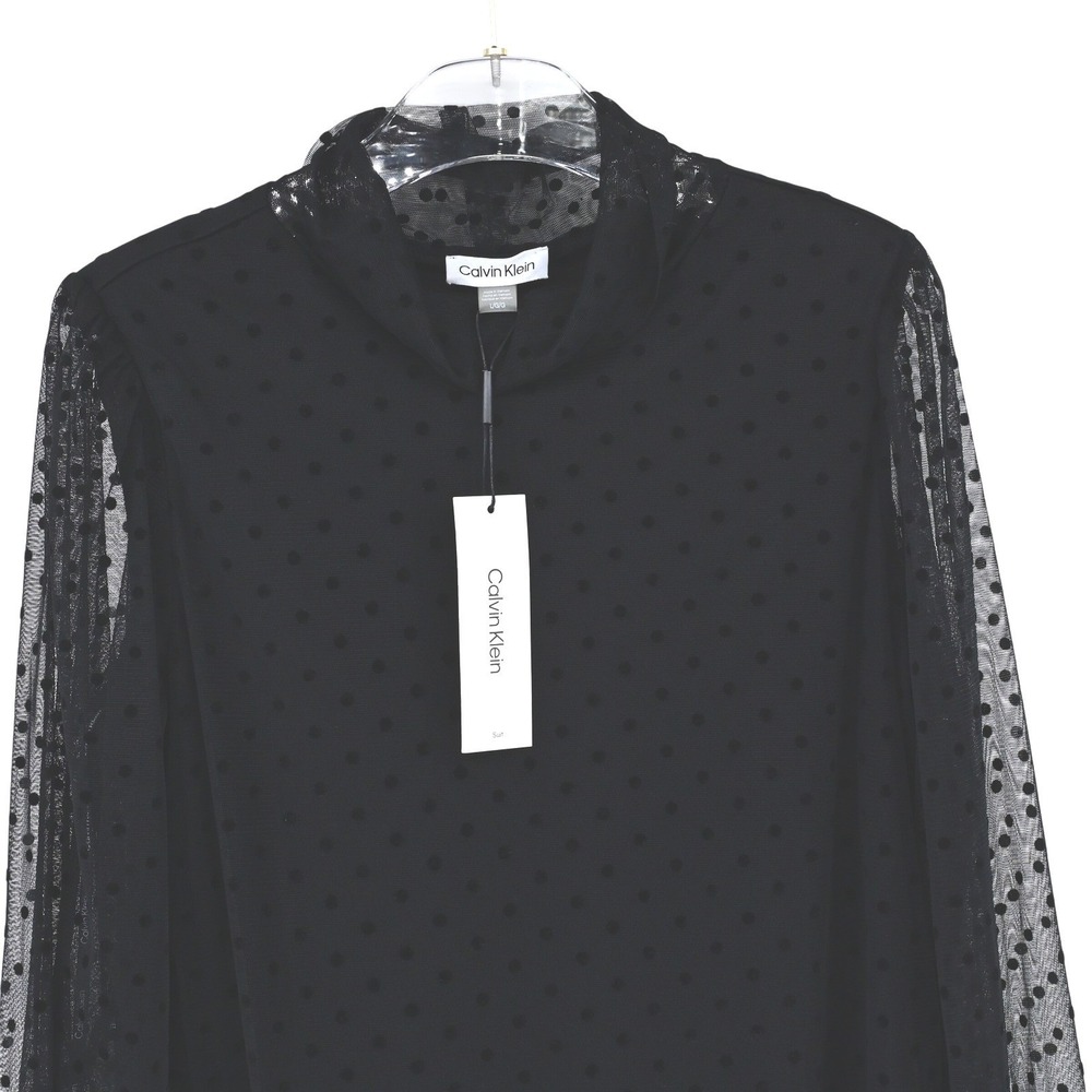 Y2K VTG NWT Calvin Klein Black Polka Dot Mesh Mock Neck Long Sleeve Top Vamp